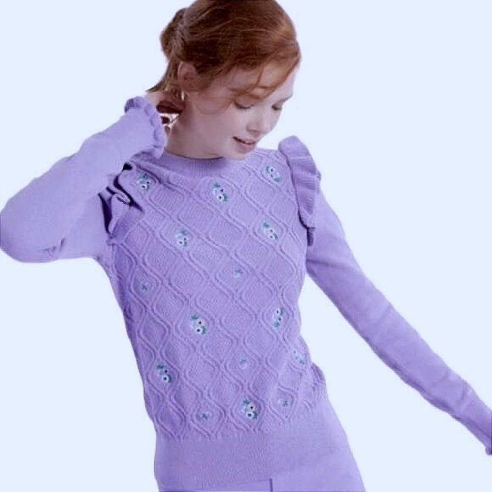 Charter Club Lavender Purple‎ Embroidered Ruffle Cable Knit Sweater Women XL NWT